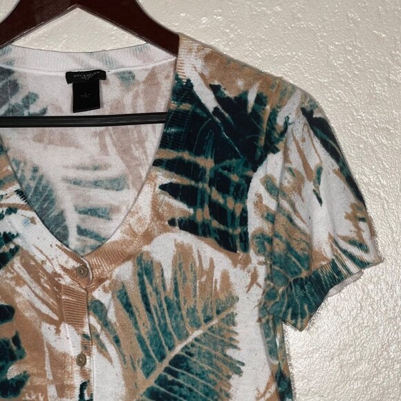 Ann Taylor Women's L Tropical Leaf Button-Front Short Sweater 100% Cotton Office - Picture 6 of 13